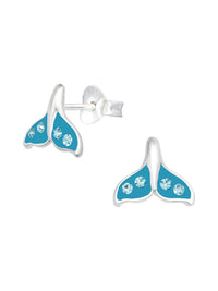 Silver Whale's Tail Stud Earrings - Crystal and Epoxy - Blue