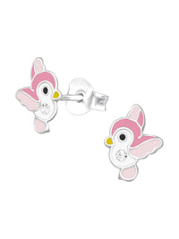 Silver Bird Stud Earrings - Crystal and Epoxy - Pink