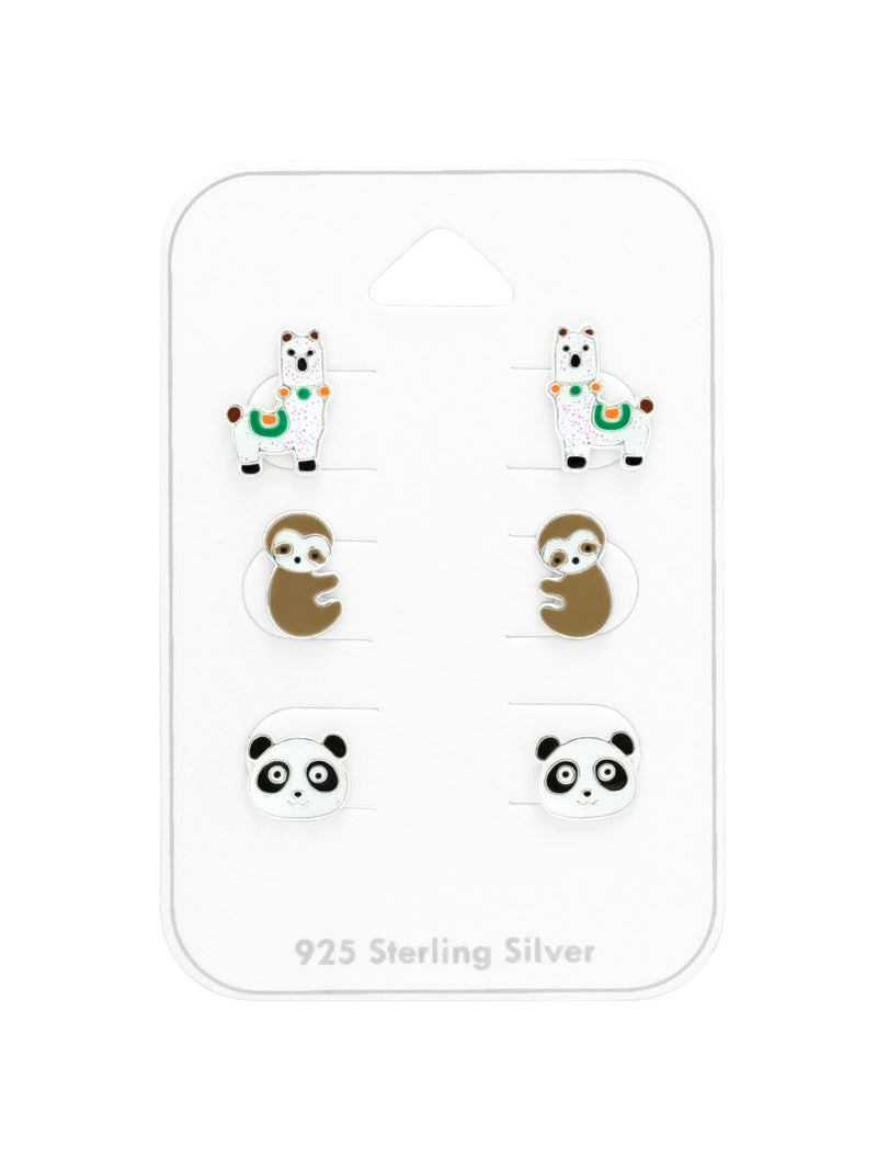 Silver Llama / Sloth / Panda Stud Earrings - Set of 3 - Epoxy