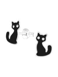 Silver Black Cat Stud Earrings - Crystal and Epoxy