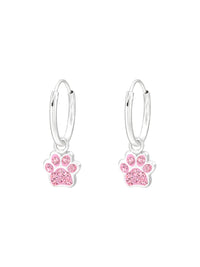 Silver Hanging Paw Print Huggies - Crystal - Light Rose