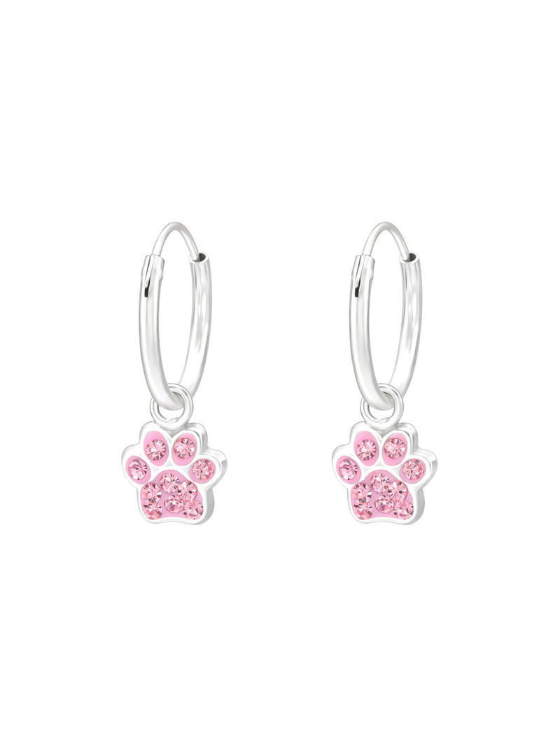 Silver Hanging Paw Print Huggies - Crystal - Light Rose