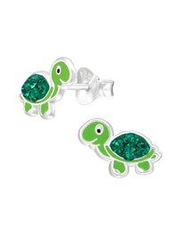 Silver Turtle Stud Earrings - Epoxy - Light Green