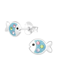 Silver Fish Stud Earrings - Crystal and Epoxy - Blue Glitter