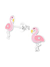 Silver Flamingo Stud Earrings - Crystal and Epoxy - Pink