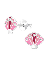 Silver Shell Stud Earrings - Crystal and Epoxy - Pink