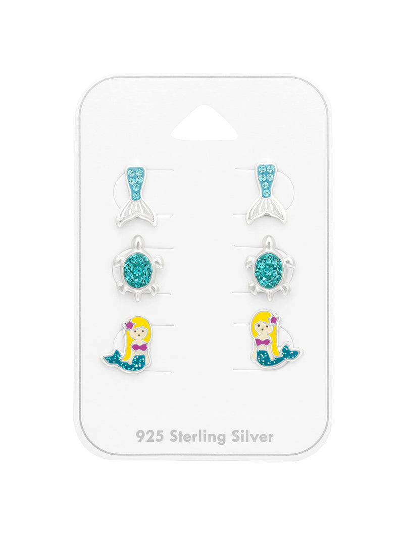 Silver Mermaid Tail / Turtle / Mermaid Stud Earrings - Set of 3 - Crystal and Epoxy