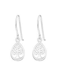 Silver Tree of Life Pear Hook Earrings