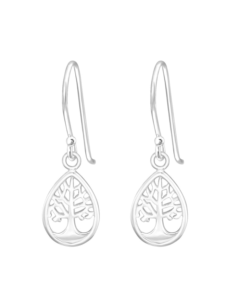 Silver Tree of Life Pear Hook Earrings