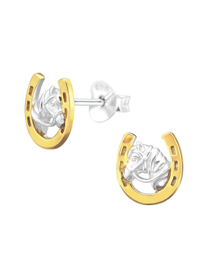 Silver Horse and Gold Horseshoe Stud Earrings