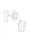 Silver Cat Stud Earrings - Epoxy - White