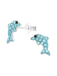 Silver Dolphin Stud Earrings - Crystal - Blue