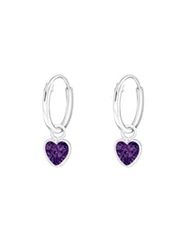 Silver Ear Huggies with Hanging Heart - Amethyst