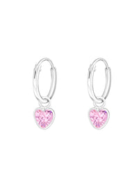 Silver Ear Huggies with Hanging Heart - Pink