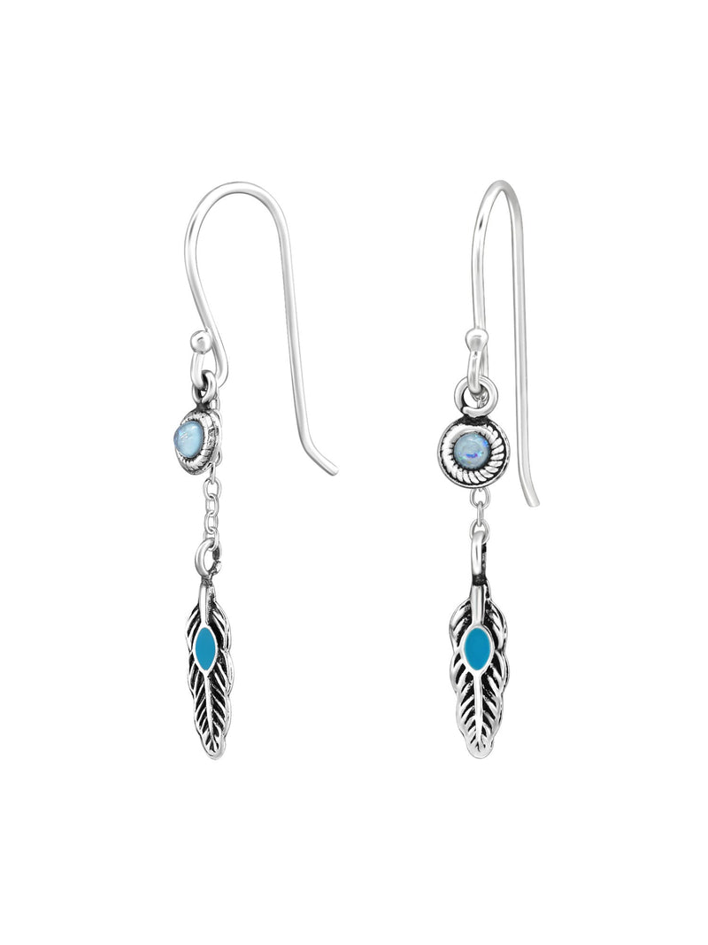 Silver Feather Hook Earrings - Opal and Epoxy