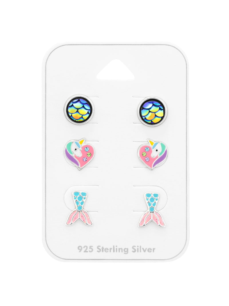 Silver Scales/ Unicorn Heart / Mermaid Tail Stud Earrings - Set of 3 - Crystal and Epoxy