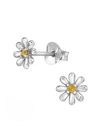 Silver Flower Stud Earrings - Cubic Zirconia - Yellow