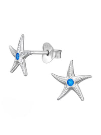 Silver Starfish Stud Earrings - Cubic Zirconia - Blue