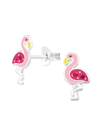 Silver Flamingo Stud Earrings - Crystal and Epoxy - Multi Pink