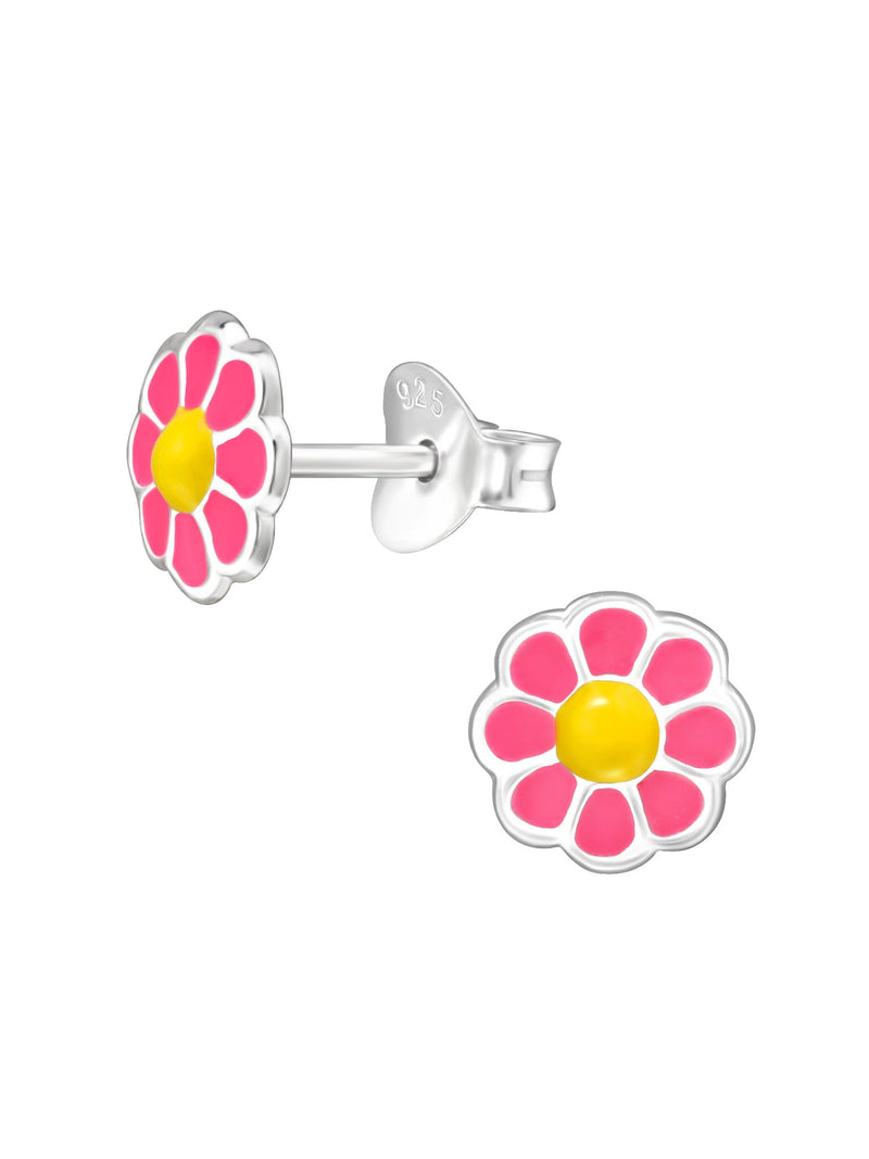 Silver Flower Stud Earrings - Epoxy - Pink & Yellow