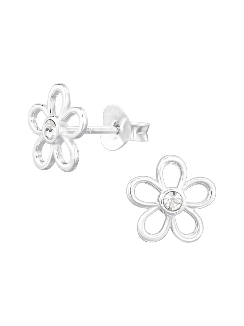 Silver Flower Stud Earrings - Crystal - Clear