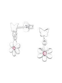 Silver Butterfly with Flower Stud Earrings - Crystal - Light Pink