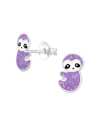 Silver Sloth Stud Earrings - Epoxy - Purple