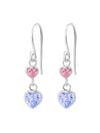 Silver Hanging Hearts Hook Earrings - Pink + Purple