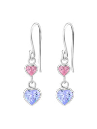 Silver Hanging Hearts Hook Earrings - Pink + Purple