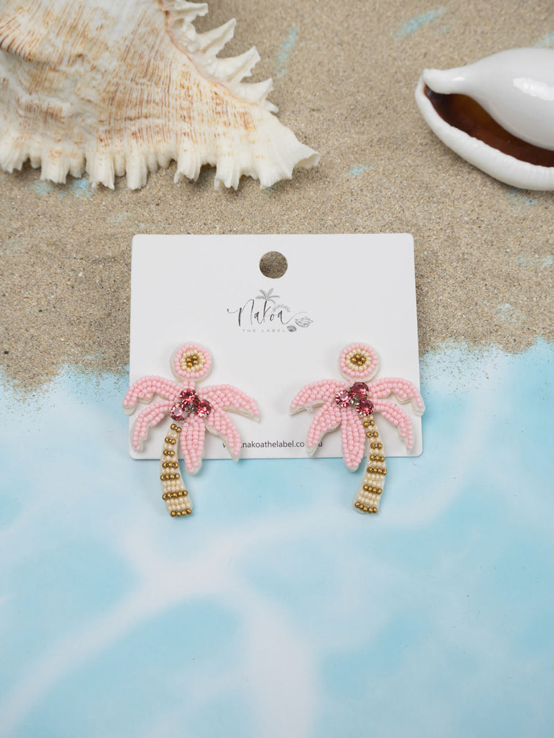 Beaded Palm Tree Earrings - Pink