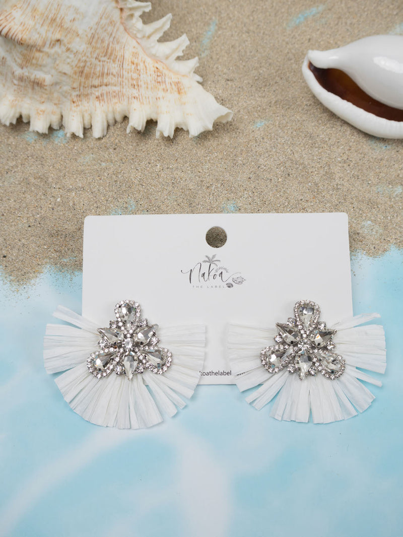 Glitzy Raffia & Rhinestone Earrings - White