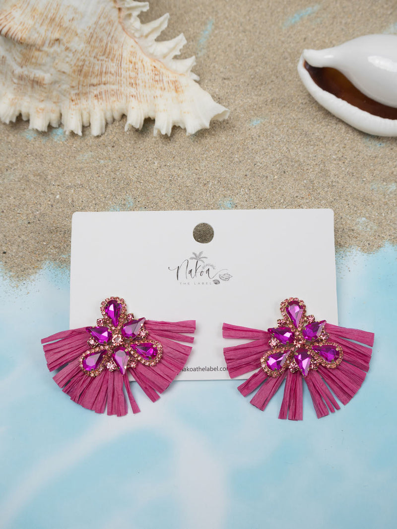 Glitzy Raffia & Rhinestone Earrings - Bubblegum Pink