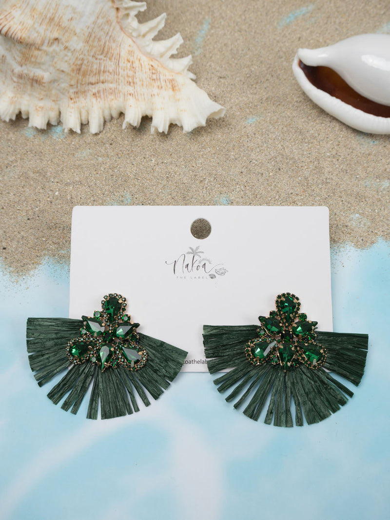 Glitzy Raffia & Rhinestone Earrings - Emerald Green