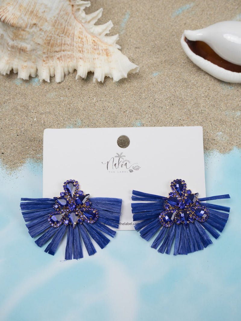 Glitzy Raffia & Rhinestone Earrings - Royal Blue