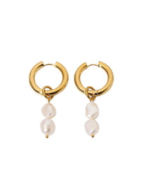 Waterproof 18K Gold Plated Stainless Steel Earrings -Double Freshwater Pearl Huggie