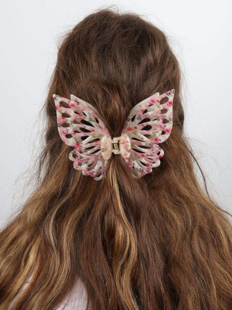 Claw Clip - Jumbo Double Butterfly - Pink Botanical