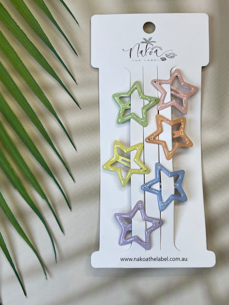 Hair Clip - Set of 6 - Star - Pastel Glitter