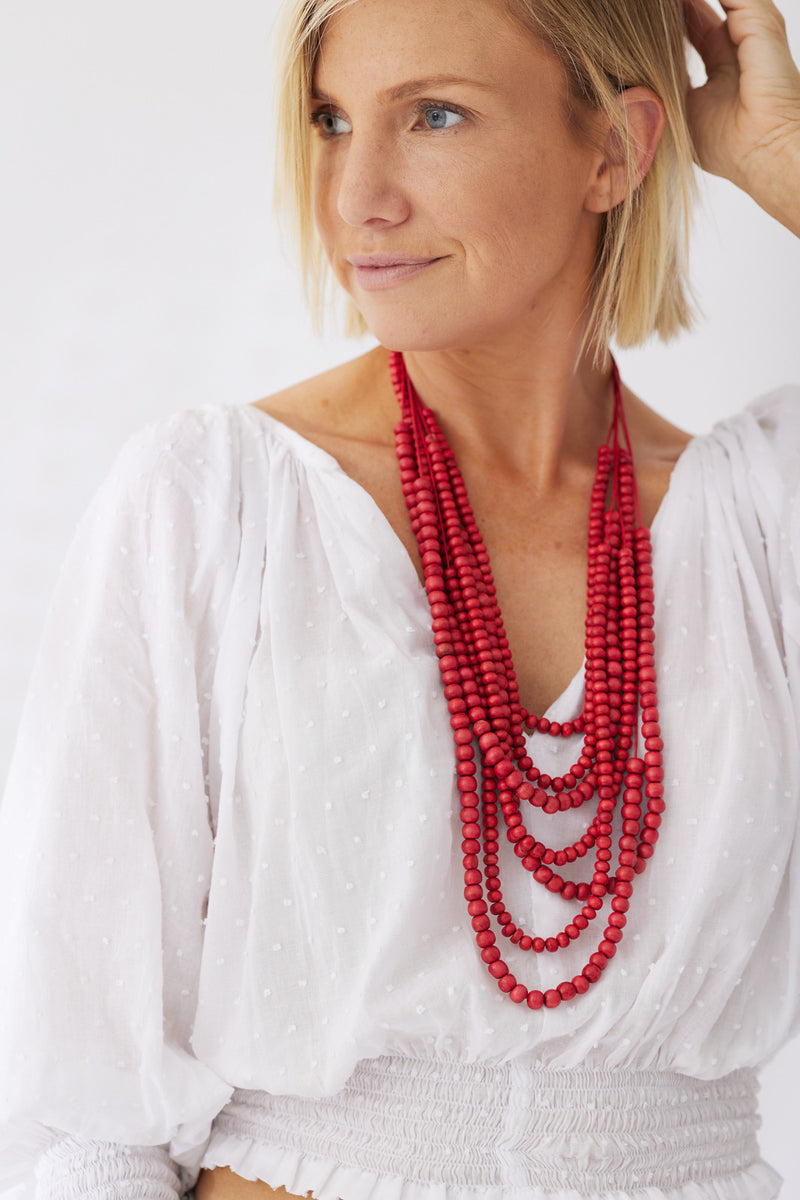 Timber Bead Necklace - Waimea - Red